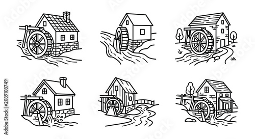 Konstfotografi Watermill Illustrations Black Line Art On White Background