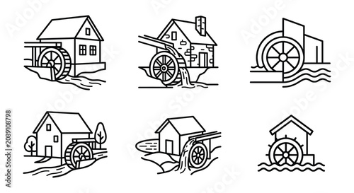 Foto Watermill Illustrations Black Line Art On White Background