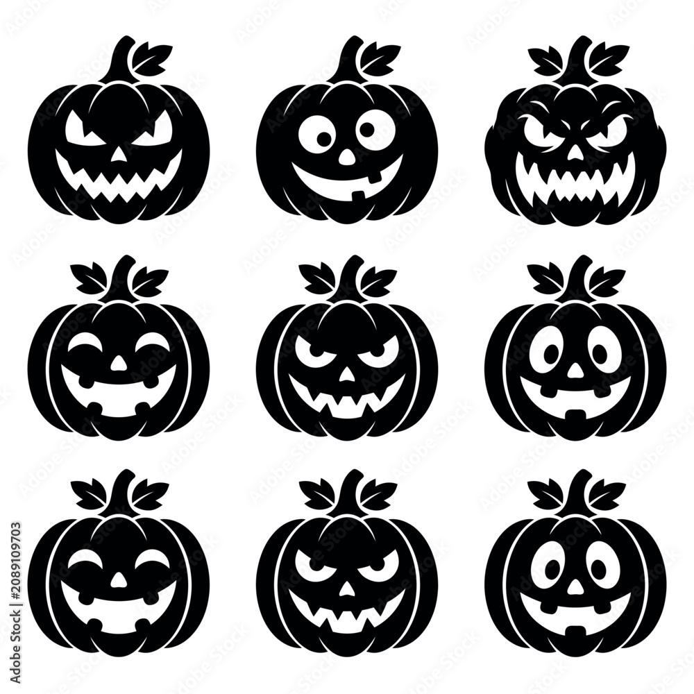 Obraz premium Halloween Pumpkin Faces Silhouettes Black Background Spooky Decor