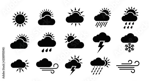 Obraz na plátně Collection of black and white weather icons including sun cloud rain wind snow l