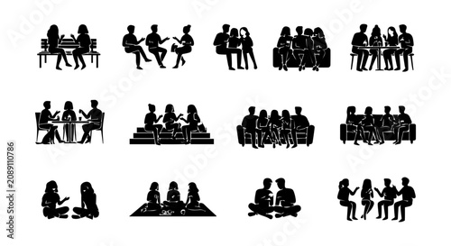 Diverse Group Silhouettes, People Meeting Vector Icons, Business Collaboration Scenes, Social Gathering Illustrations