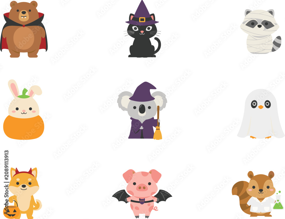 Obraz premium Cute Halloween Animals Vector Icon Set Featuring Cartoon Bear Vampire Cat Witch Raccoon Mummy Rabbit Pumpkin Koala Wizard Ghost and Bat PigKeywords