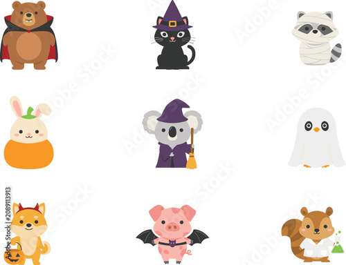 Canvas-taulu Cute Halloween Animals Vector Icon Set Featuring Cartoon Bear Vampire Cat Witch