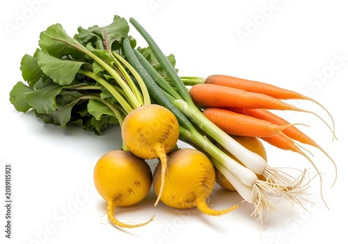 Bundle of fresh golden beets with green leaves and orange carrots.