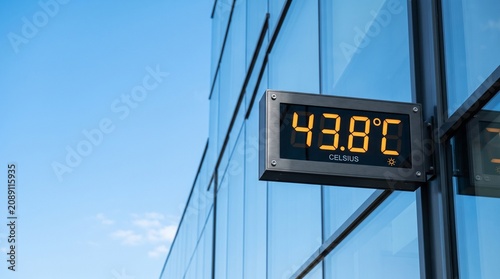 Digital thermometer displays high temperature on modern glass facade