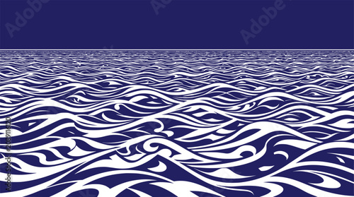 Canvas Print Stylized ocean waves background in deep blue and white, abstract nautical sea wa