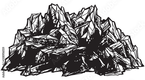 Photos Mountain range illustration with craggy peaks and rocky texture in black and whi