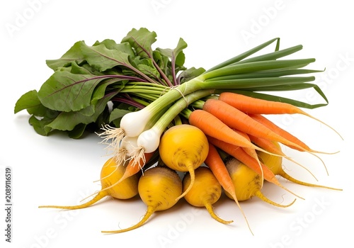 Fresh organic garden harvest of yellow beets and orange carrots on white.