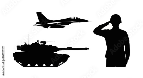 Cuadro en lienzo Military salute with jet tank silhouettes with soldier saluting fighter jet air