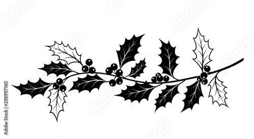Tableau sur toile Black and white illustration of holly branch with berries with decoration christ