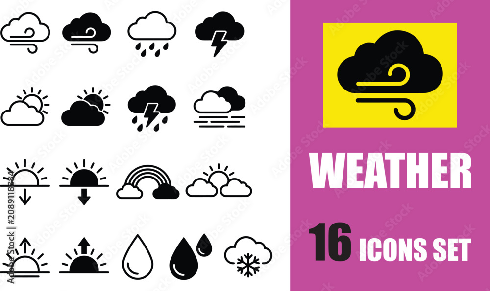 Naklejka premium Set of 16 weather forecast icons depicting various atmospheric conditions like sun, clouds, rain, wind, snow, and lightning in outline and solid styles.