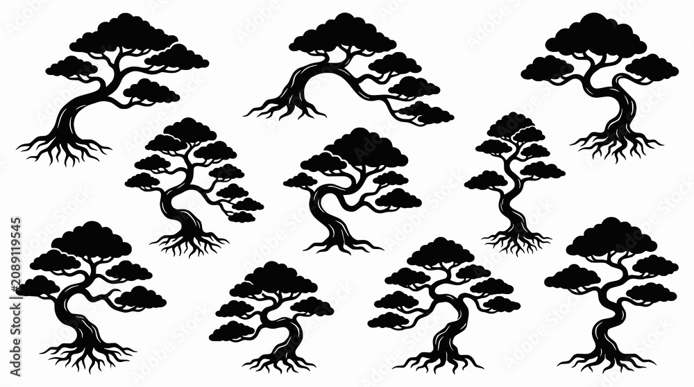 Fototapeta premium Elegant bonsai tree silhouette vectors isolated on white background.