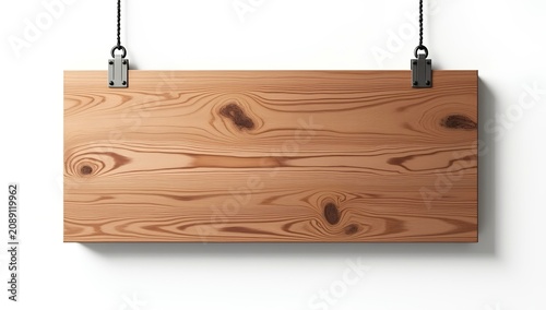 Artwork showing rectangular wooden board with knots and swirling grain patterns suspended by black metal clips and chains on plain white background