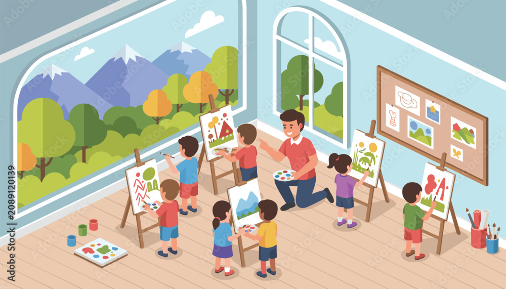 Naklejka premium Bright classroom filled with happy young children painting on easels during a creative art lesson with a teacher.