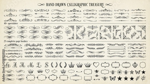 Detailed collection of hand drawn calligraphic elements featuring elegant vintage flourishes decorative page borders ornate dividers and artistic ink illustrations on a textured light paper background