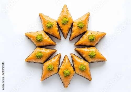 Sweet baklava pastries arranged in a circular pattern on a white background.