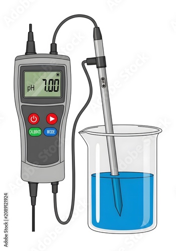 Digital ph meter with probe measuring blue liquid in beaker for scientific experiment.