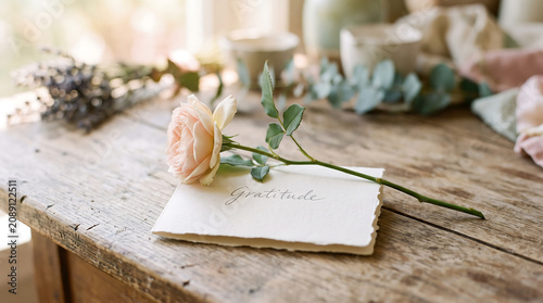 Single soft pink rose placed on handmade paper card on wooden