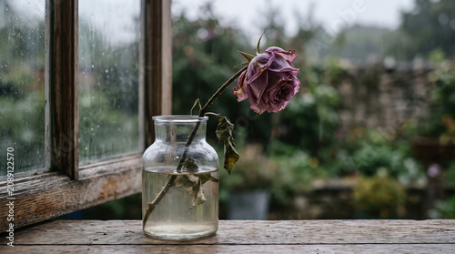 Wilted rose in glass vase by rainy window on wooden sill