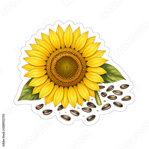 Vibrant sunflower sticker illustration with green leaves and scattered seeds