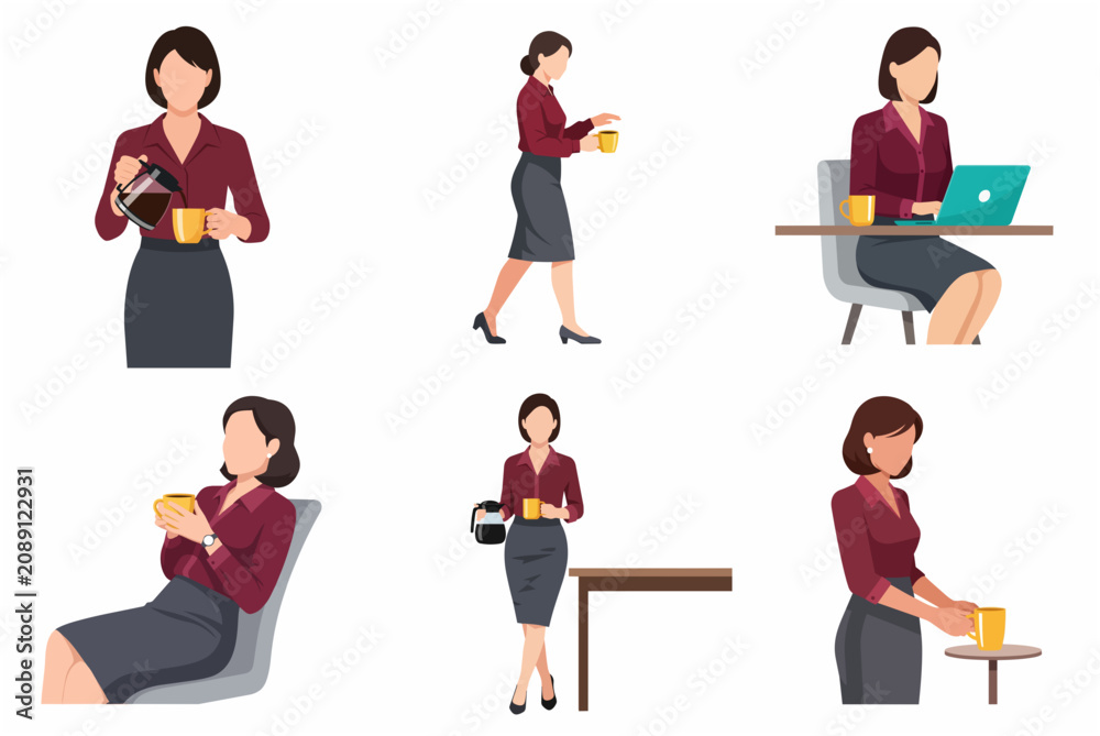 Obraz premium Set of flat vector illustrations of a professional businesswoman in various poses during a coffee break and working at the office