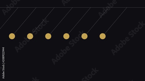 Newton's cradle kinetic energy physics pendulum swinging on animation 4k black background, science