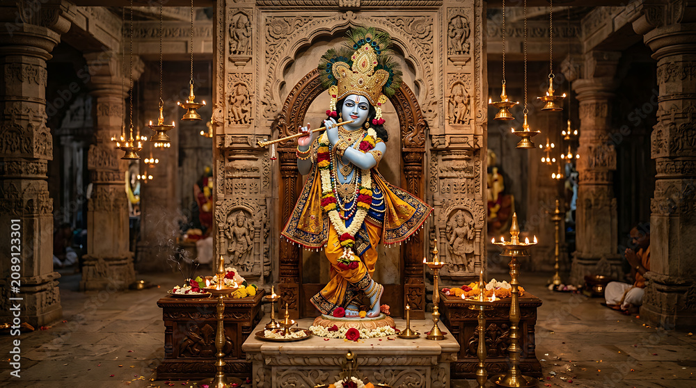 Obraz premium Krishna statue within a detailed temple interior illuminated by hanging lamps