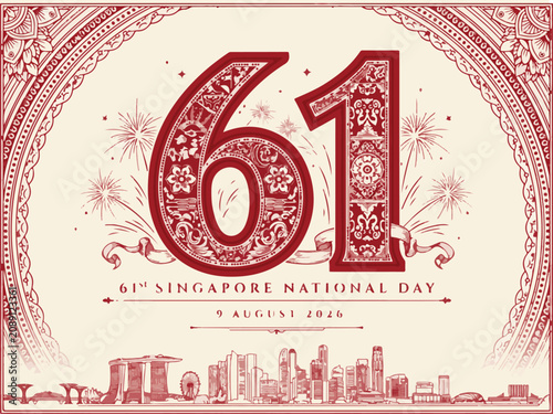 61st Singapore National Day Celebration Vector Background with Skyline and Peranakan Batik Pattern Number 61