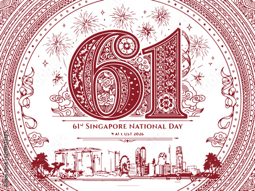 61st Singapore National Day Banner Design with City Skyline and Ornate Batik Pattern Number 61