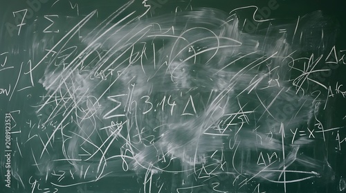 Chaotic chalkboard covered in complex mathematical equations formulas and symbols representing abstract scientific concepts