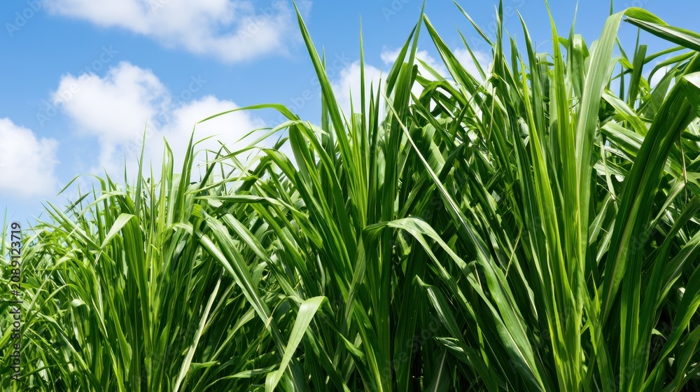 Fototapeta premium Lush Green Sugarcane Field Against Blue Sky with Fluffy Clouds in Summer Daylight