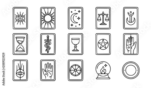Foto Tarot cards symbols and mystical esoteric vector icon set with simple bold line