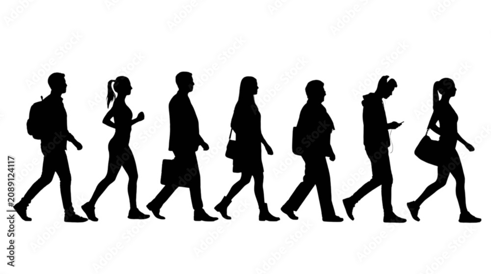 Obraz premium Silhouettes of people walking in a line with bags isolated on transparent background, Vector