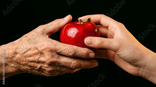 Generational exchange of a vibrant red apple symbolizing health care and the passing of knowledge between family members