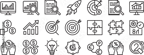 Business Finance Icons Set with Magnifier, Documents, Growth Graph, Target, Puzzle, and Currency Symbols Line Style