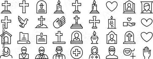 Church Icon Set with Crosses, Candles, Hearts, Doves, Prayers, and People Figures in Simple Line Style
