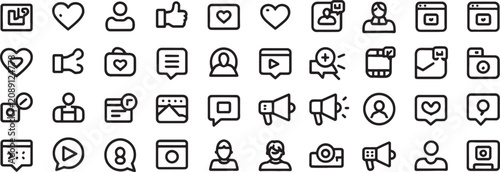 Communication Icons Set with Hearts, User Avatars, Chat Bubbles, and Social Media Symbols in Thick Outline Style