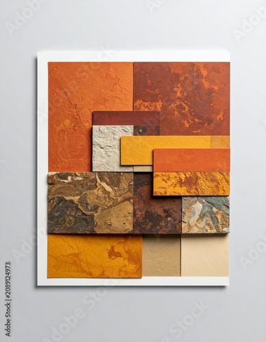 A collection of natural stone and textured surface samples, showcasing earthy tones and rich patterns. The samples are arranged artfully on a light-colored background.