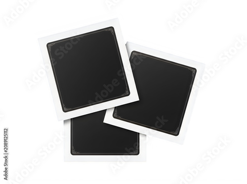 Three blank polaroid photos with white borders and decorative corners transparent background