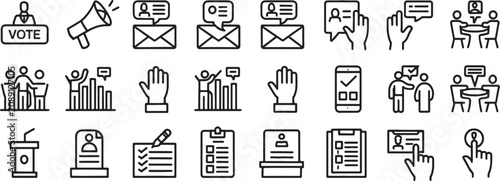 Vote Icons Set with Megaphone Envelope Ballot Box Hands and Smartphone Voting Concept Line Art Featuring Election, Ballotbox