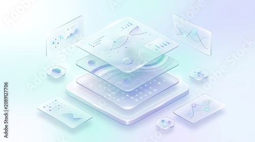 Abstract data visualization layers with holographic charts and graphs on a light background transparent background