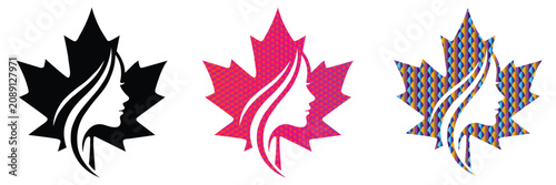 Woman Face Maple Leaf Logo Set for Beauty Salon, Organic Cosmetic Branding, Hair Studio, Spa Identity and Nature Beauty Vector.