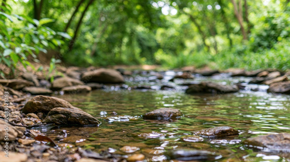 Fototapeta premium Tranquil Forest Stream with Smooth Rocks and Lush Greenery in Soft Focus Background