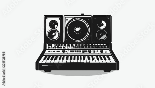 Konstfotografi Electronic keyboard with studio monitor speakers.