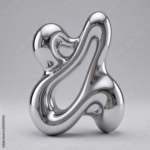Futuristic liquid chrome abstract sculpture featuring elegant biomorphic curves, highly reflective silver metal, smooth glossy finish, luxury minimalist design, isolated studio environment, realistic 