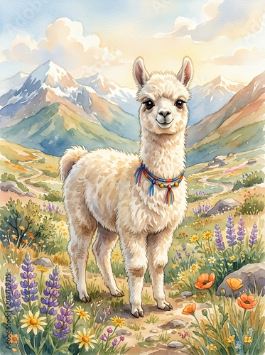 Watercolor painting of a fluffy llama standing in a field of wildflowers with mountains in the background.