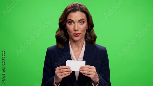 Professional businesswoman holding a blank white business card on a green screen