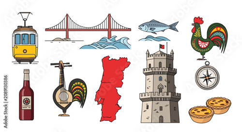 Collection of traditional symbols and landmarks of Portugal including the red map the belem tower a tram and the iconic rooster of barcelos.