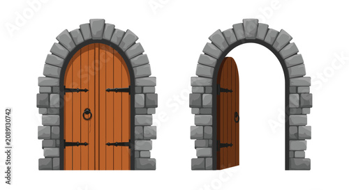 Pair of illustrations showing a heavy stone archway with a closed and an open wooden door featuring medieval metal hinges and handles.