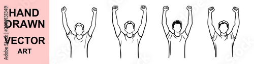 Hand drawn celebrating man raising fists vector illustration set featuring victorious male characters, success gesture sketches, achievement concept artwork for branding projects